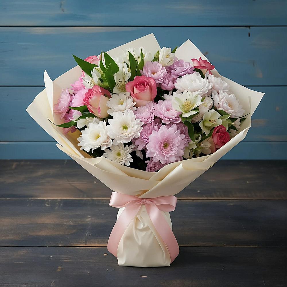 Букет цветов из: Хризантемы, Альстромерии и Розы в Духовницкое